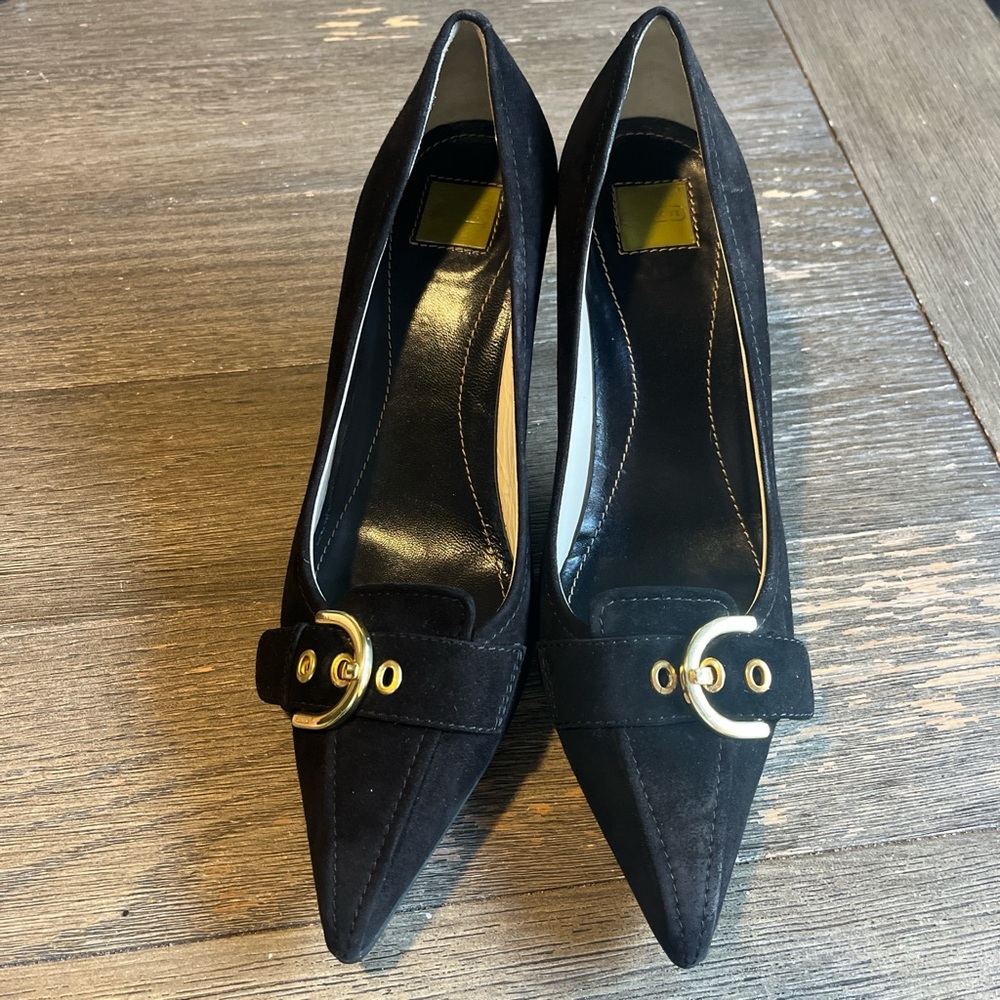 Coach Black Suede Heels with Gold Buckle